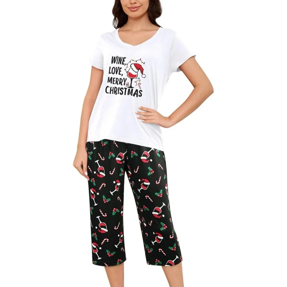 YIJIU S Women Soft Comfy Pajamas Wine Christmas Short Sleeve Capri Pants PJS Set